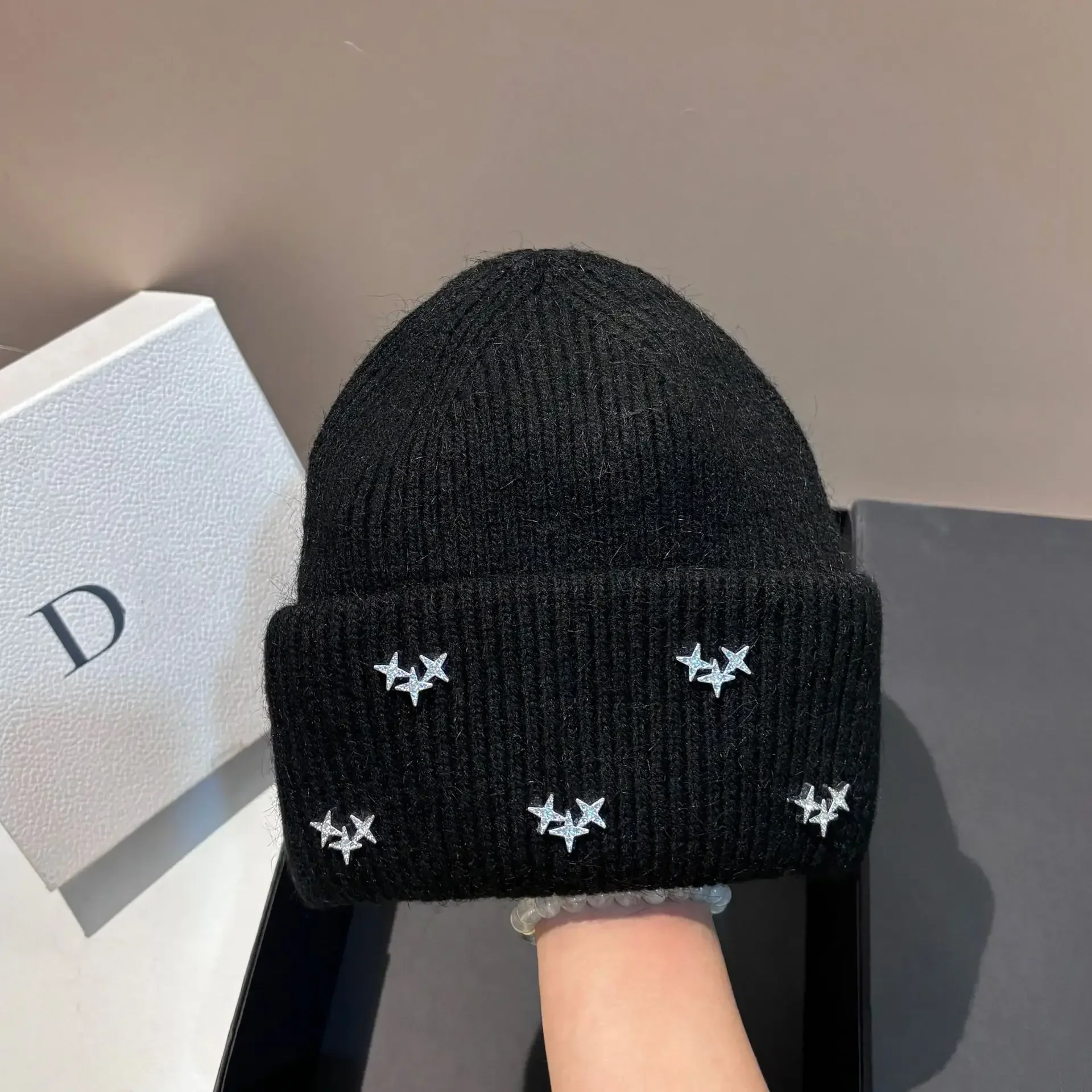 Women's Rabbit Fur Knitted Cap Autumn Winter Outdoor Leisure Warm Ear Protection Soft Light Luxury Pullover Hat