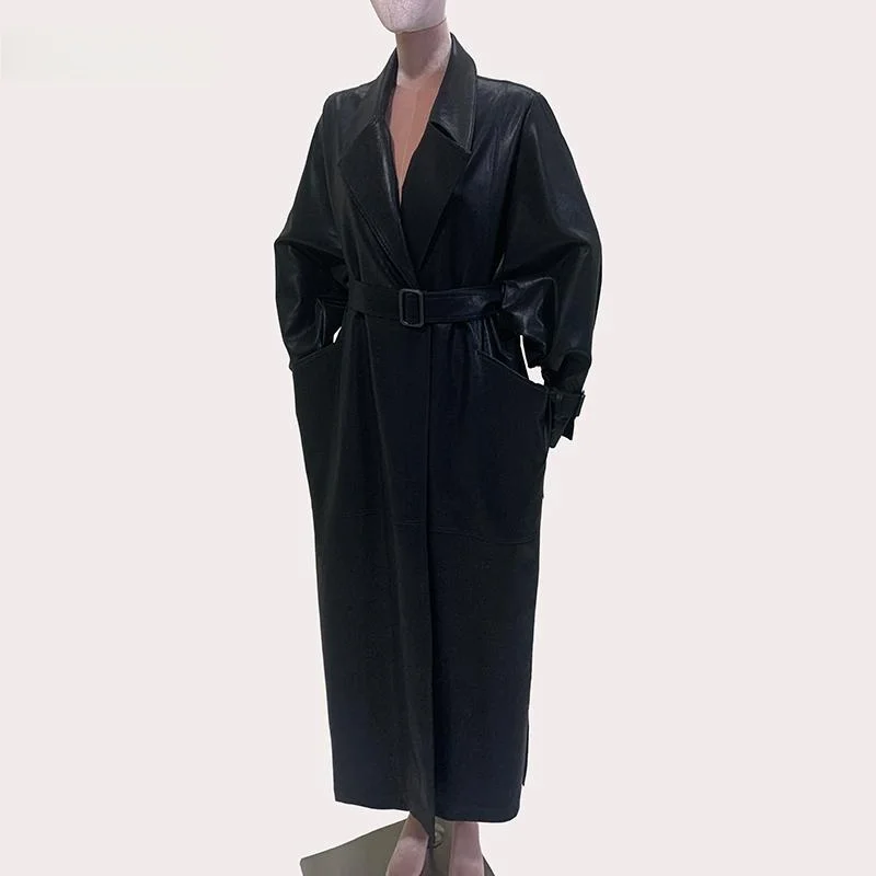 Nerazzurri Sle Women's Long Oversize Casual PU Leather Jaet oulder Length Loose Fit Autumn Faion Outerwear Coat