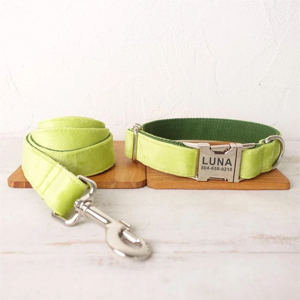 Personalized Dog Collar with Free Engraving, Matching Pet Leash,Customzied Contacts Metal Buckle,Avocado Green Pet Collar