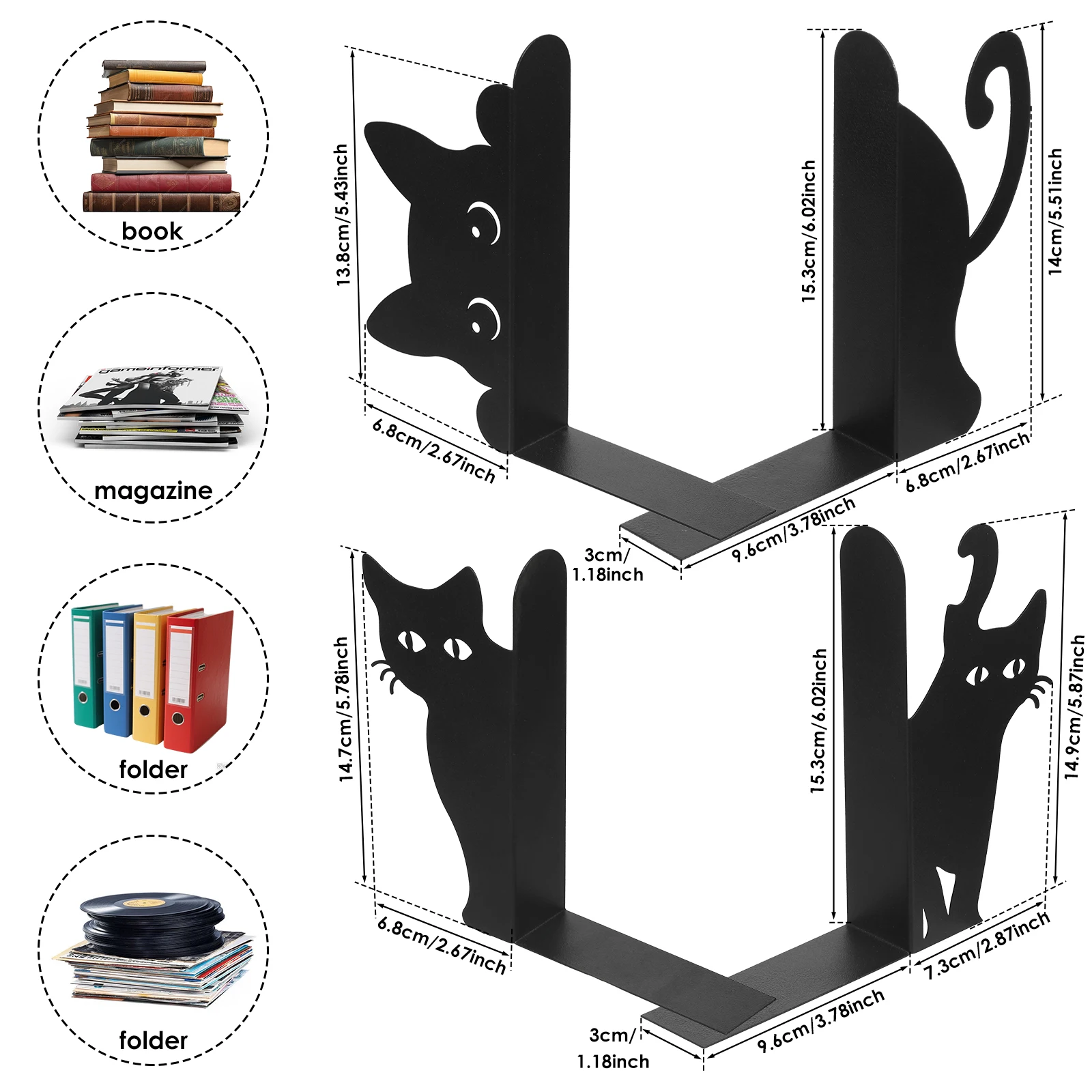 1/2 Pairs Peeping Cat Metal Bookend Cute Cat Book End Stable Support Decorative Bookshelf Desktop Book Stopper for Home Office