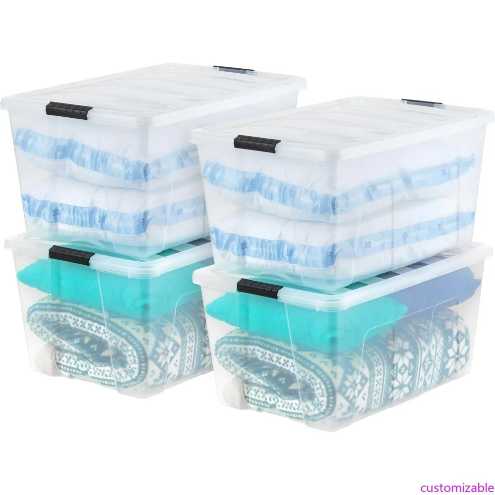 

Набор из 4 штабелируемых пластиковых контейнеров для хранения, объемом 94 кварта, без BPA, сделано в США, прозрачные крышки с защелками для удобной организации хранения.