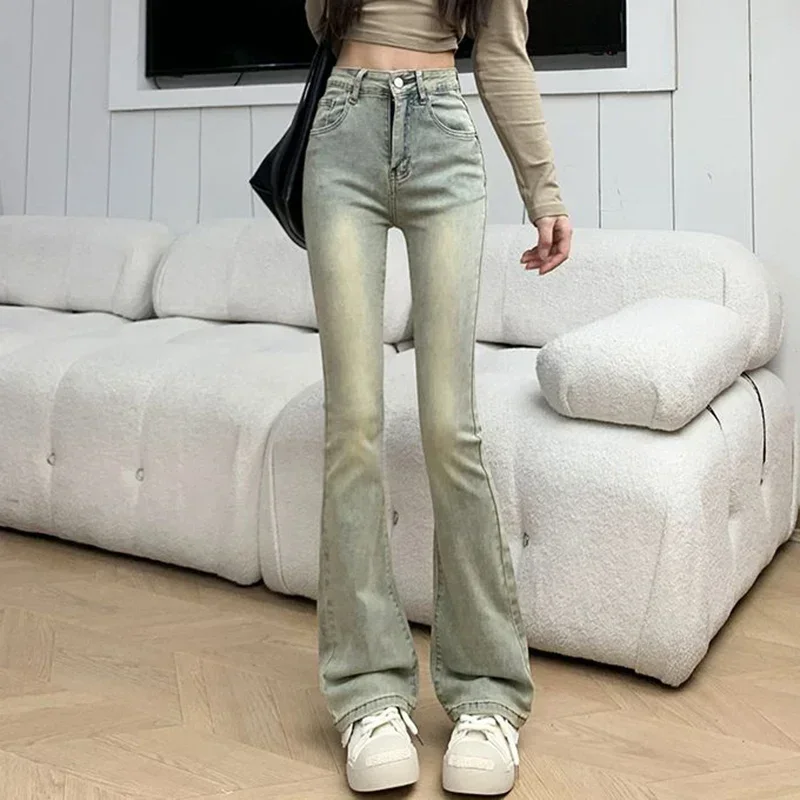 

Женские популярные узкие джинсовые брюки Y2k 2025, женские американские винтажные повседневные расклешенные джинсы, женские повседневные брюки-клеш с высокой талией