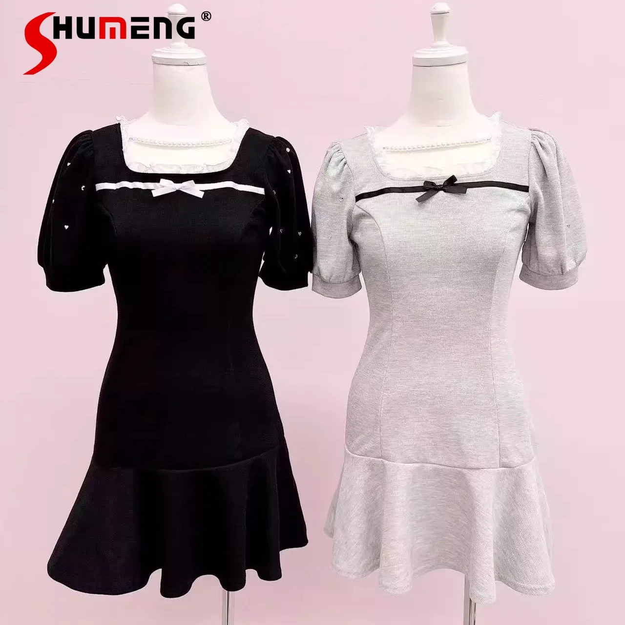 

Japanese Style Elegant Sweet Cute Dresses Lace Spliced Square Neck Bubble Short Sleeve High Waist Slim Bow Dress Women Summer