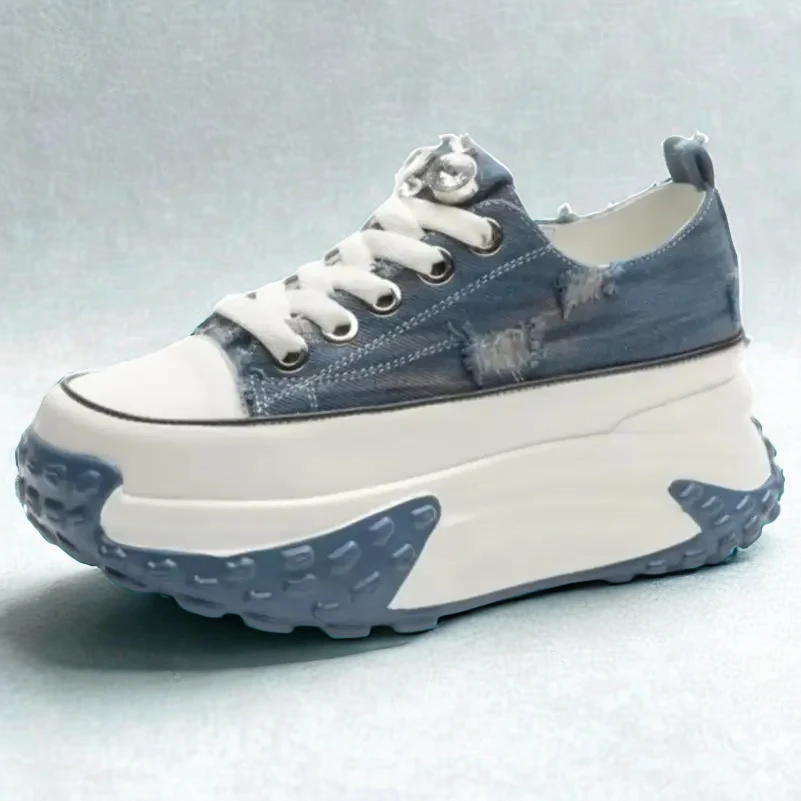 

Koznoy 6cm Chunky Denim Genuine Leather Platform Wedge Shoe Sneaker Casual Comfy High Brand Rhinestone Spring Bling Autumn Shoe