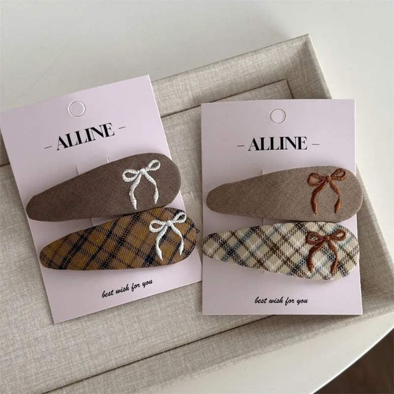 Milk coffee color plaid embroidered bow hairpin sweet and cute BB clip versatile texture side clip hair accessories