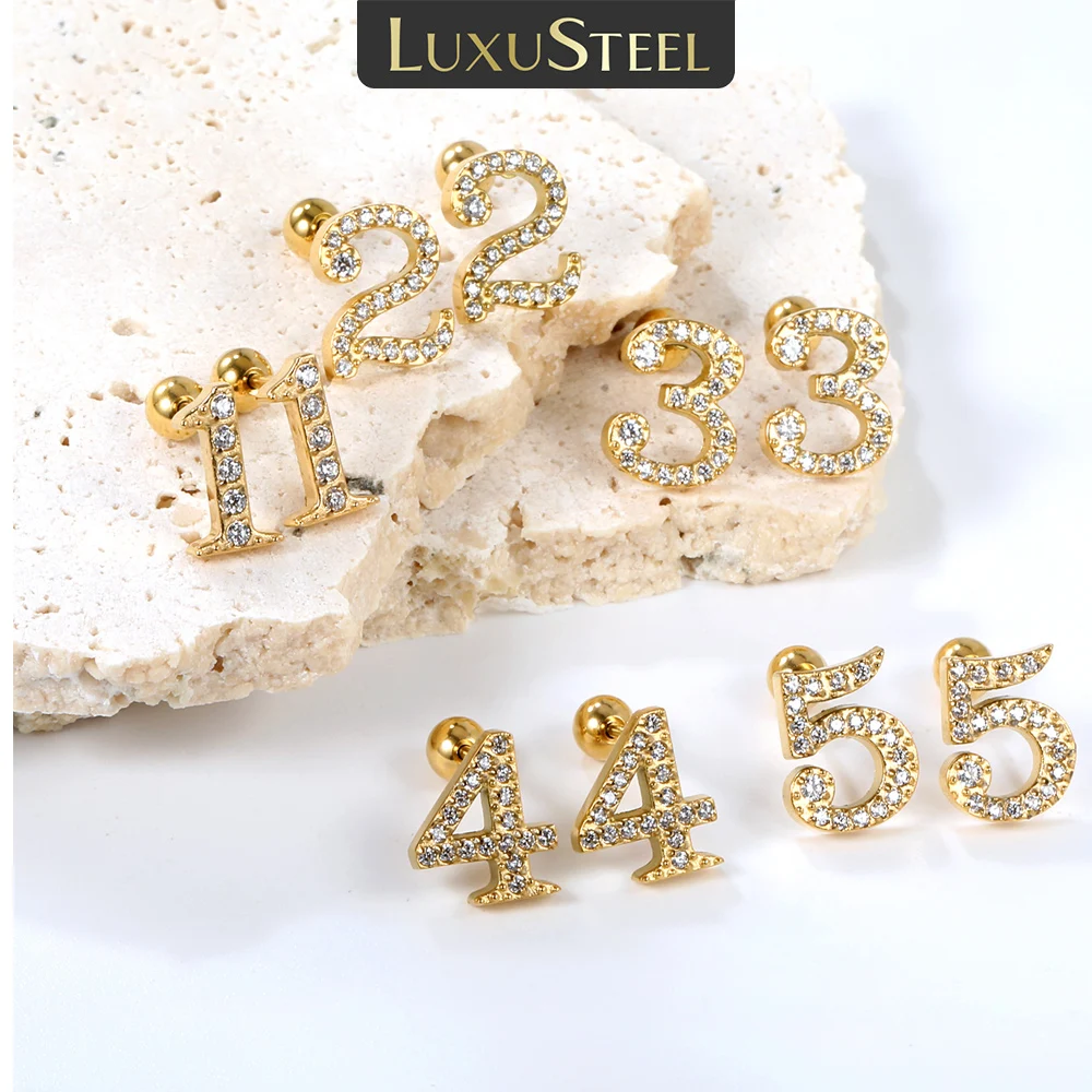 LUXUSTEEL-Mini Boucles d'Oreilles Plaquées Or et Argent pour Femme et Fille, Cubique, Contré-indiqué, Nombres aniques, Vis à Bille Ronde, Arrière, Piercing