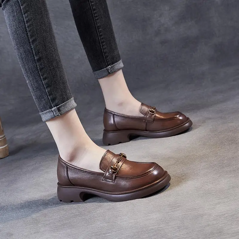 

Retro Genuine Leather Loafers Women's Shoes British Style Versatile Flats round Toe mid Heel Rubber Outsole Fashionable Footwear