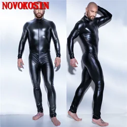 Plus Size S-5XL Sexy Men Catsuit Faux Leather Two Way Long Zipper Crotch Bodysuit Night Club DS Jumpsuit Lingerie Costume