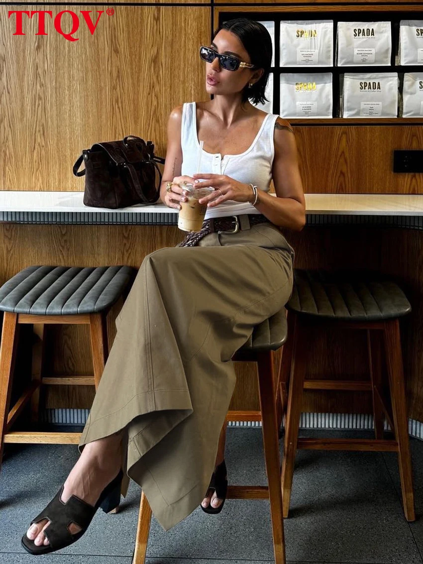 

TTQV модная свободная хлопковая женская юбка цвета хаки 2024, повседневные длинные юбки с высокой талией, элегантная классическая однотонная юбка, женская одежда
