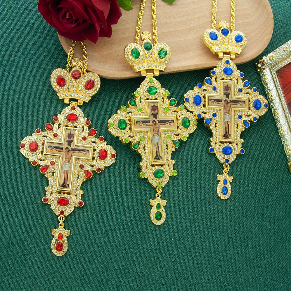 Gold Plated Greek Orthodox Bishop Pectoral Cross Pendants Christian Father Priest Church Russian Orthodox Jesus Icon Necklace