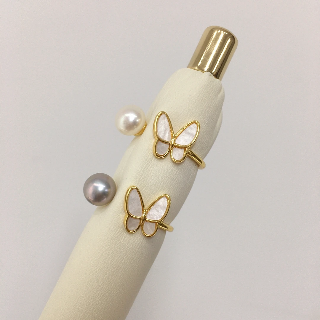 ZHBORUINI New 5A Grade High Brightness Natural Freshwater Pearl Ring With 14K Gold-Plated Premium Butterfly Open Ring Jewelry