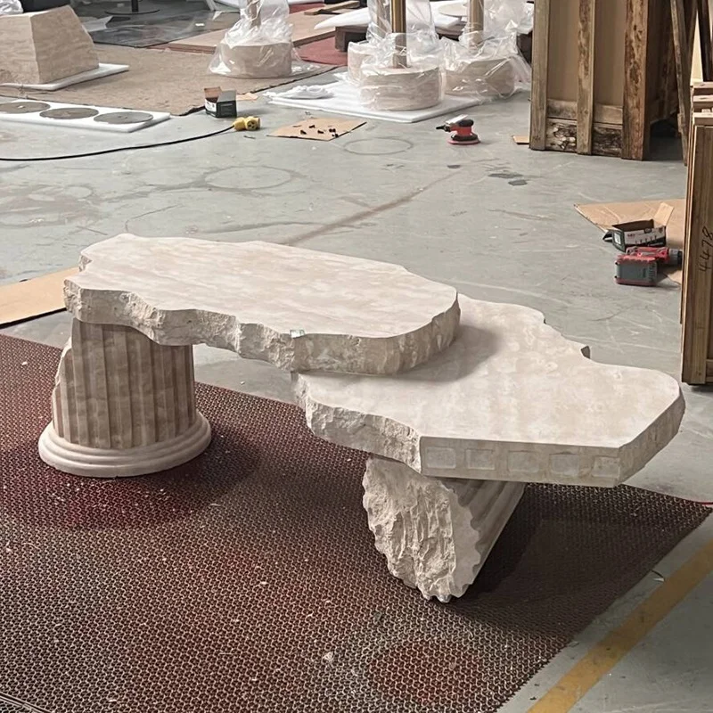 Modern simple home furniture, natural marble base, living room sofa, travertine irregular coffee table