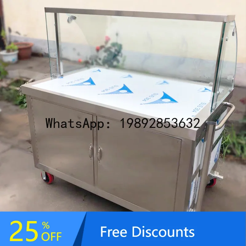 Glass Cover Display Trolley Stainless Steel Mobile Display Cabinet Hand Push Takeout Snack Cart