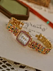 1 Piece of French Fashionable and Elegant Women's Watch with Colorful Rhinestone Gemstone-Encrusted Strap, 30m Waterproof Square Quartz Watch with Mother-Of-Pearl Dial, Suitable for Daily Wear, Casual Gatherings, and Wrist Decoration