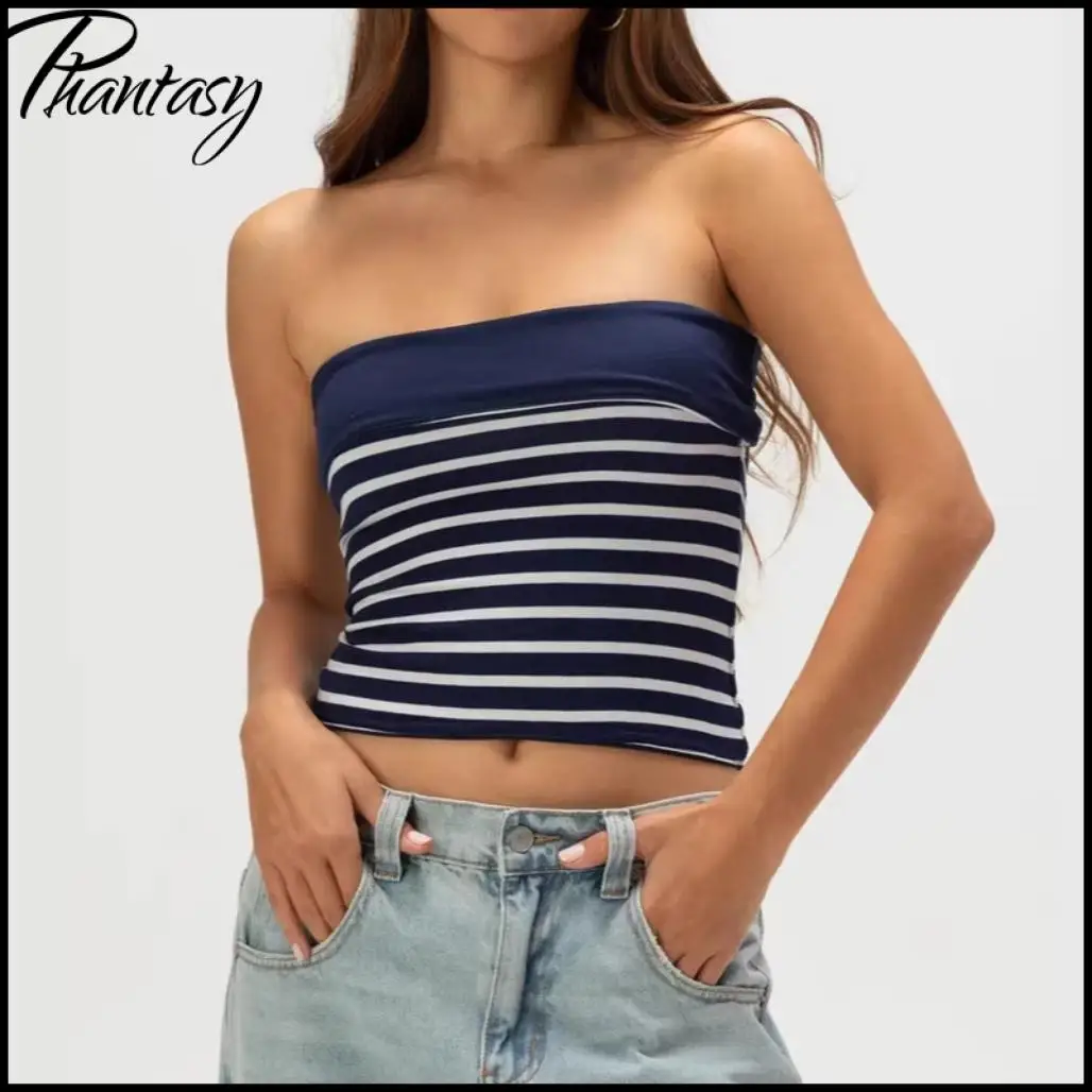 Fashion Blue Strip Women's Crop Top Sexy Blackless Polka Dot Black Camisole Casual Reversible Tank Top 2026 Summer Women Clothes