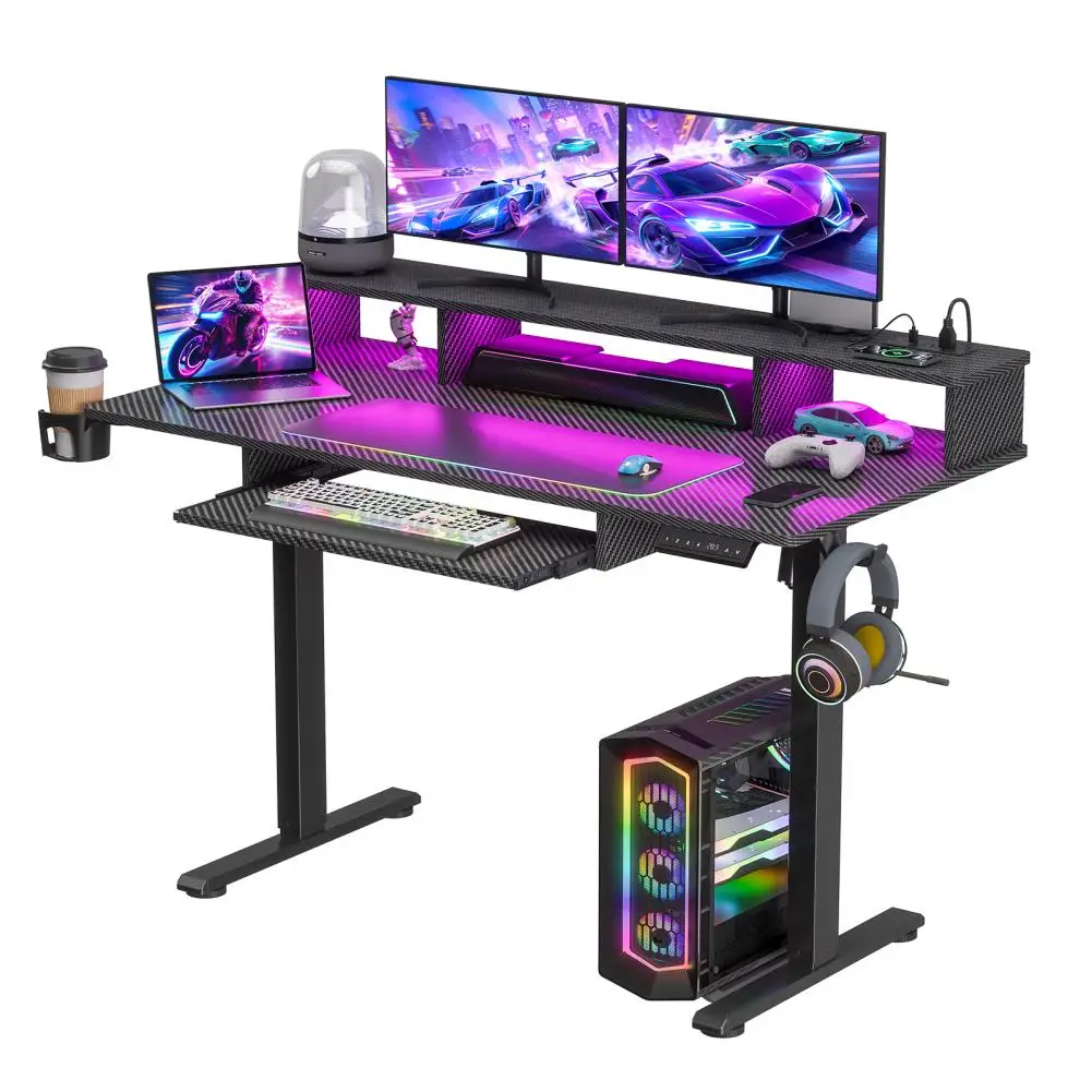 Gaming Standing Desk Twin Column Stepless Travel Preset Keypad Ramp Motion Wobble Free Cross Brace Height Adjustable Computer