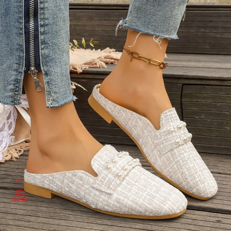 Women's 2026 Summer New Elegant Closed-Toe Slip-On Sandals, Fashionable Beaded Casual Sandals, Comfortable Slip-On Walking Shoes