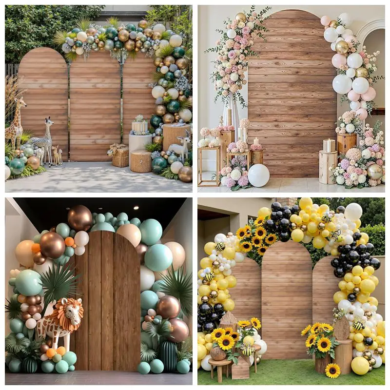 Retro houten gebogen achtergronddoek boerderijstijl geschikt voor bosbruiloft buiten verjaardagsfeestje fotografie rekwisieten