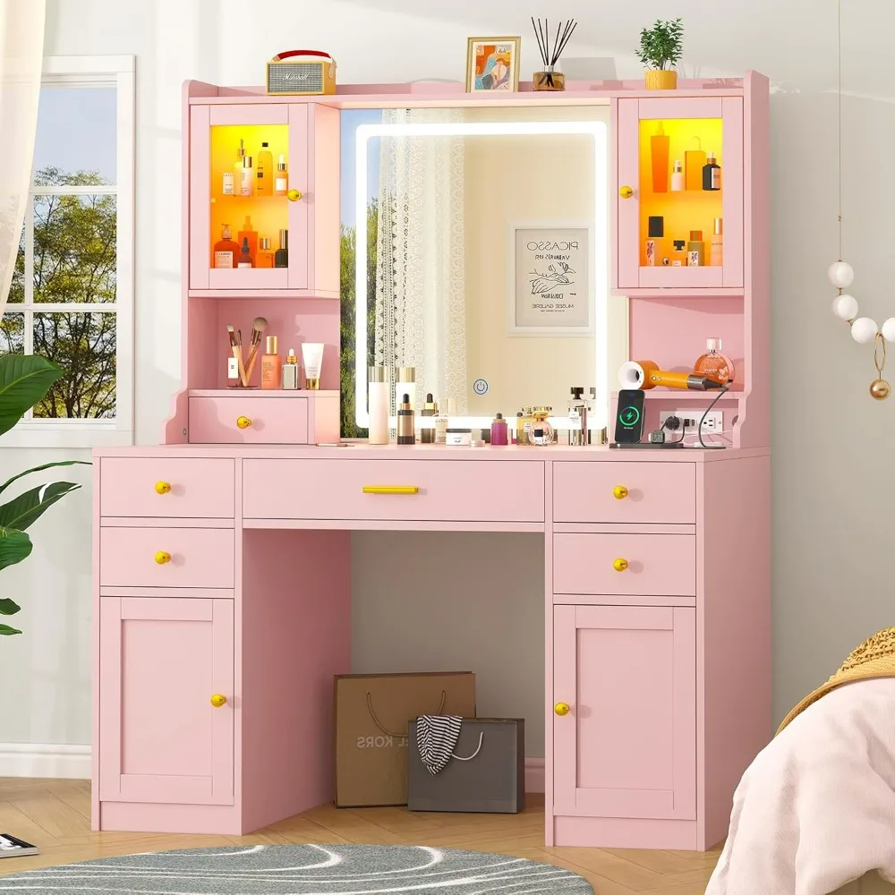 Table de maquillage avec prise de courant et rangement, bureau de vanité rose, 6 étagères de rangement de proximité, 41.3 po