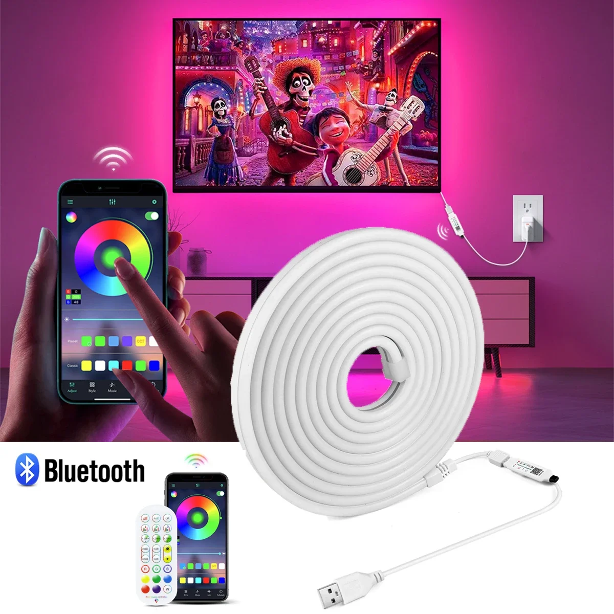 

1-5 м умная Bluetooth RGB светодиодная лента USB 5 В COB 576 светодиодов/неоновая 120 светодиодов лента с 24 клавишами дистанционного управления с регулируемой яркостью игровая комната Ambinet Decor
