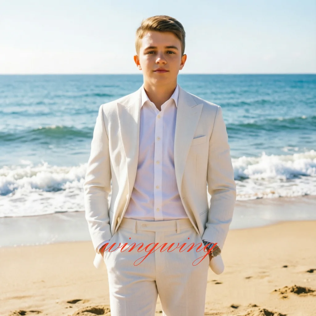 Formal Boy's 2 Piece Linen Suits Casual Lightweight Blazer Jackets Pants Set for Wedding Business Prom Kids Suit