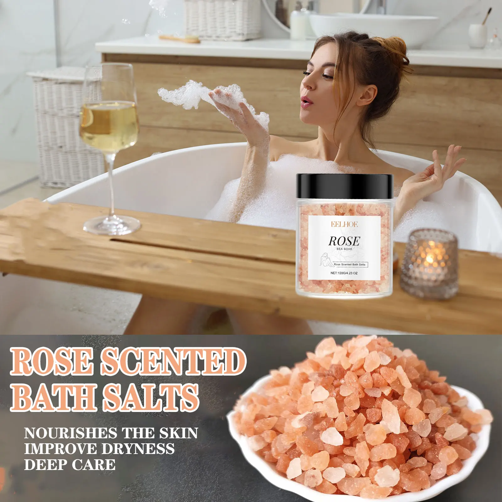120g rose bath mineral salt, the water used for bathing can gently cleanse the skin, replenish moisture, and moisturize the skin