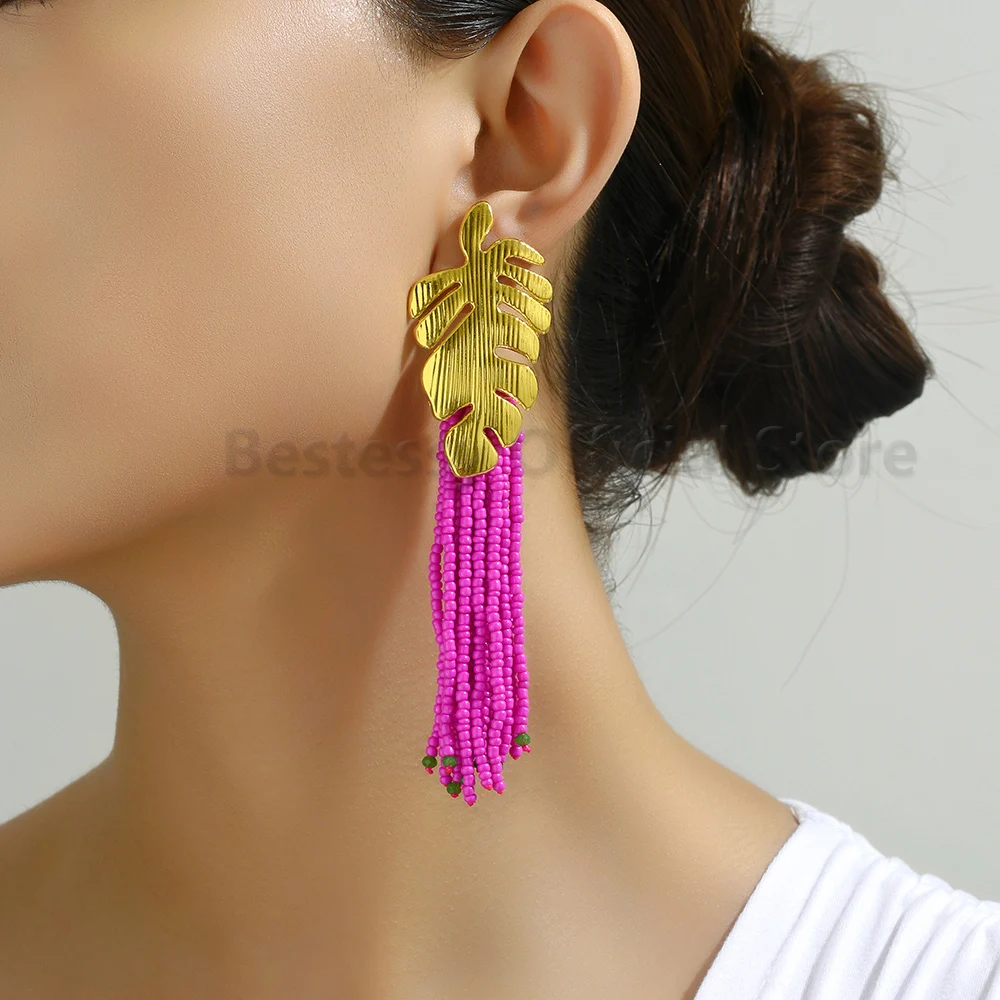 

Vintage Metal Leaf Drop Earrings For Women Boho Handmade Beads Luxury Design Long Tassel Ear Pendant Fashion Jewelry Accessories