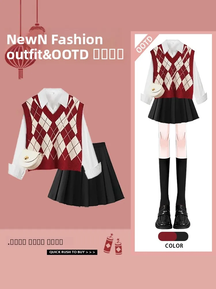 

Красный свитер-жилет в студенческом стиле, с дизайнерским акцентом, для ношения под одеждой, плиссированная юбка с эффектом похудения, новогодний праздничный наряд, полиэстер.