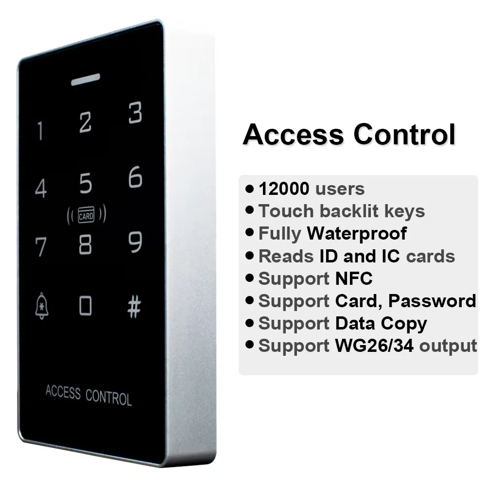 

NFC Access Control Keypad 12000 User ID/IC Waterproof Backlight Touch Screen RFID Proximity Card Password Unlock Reader