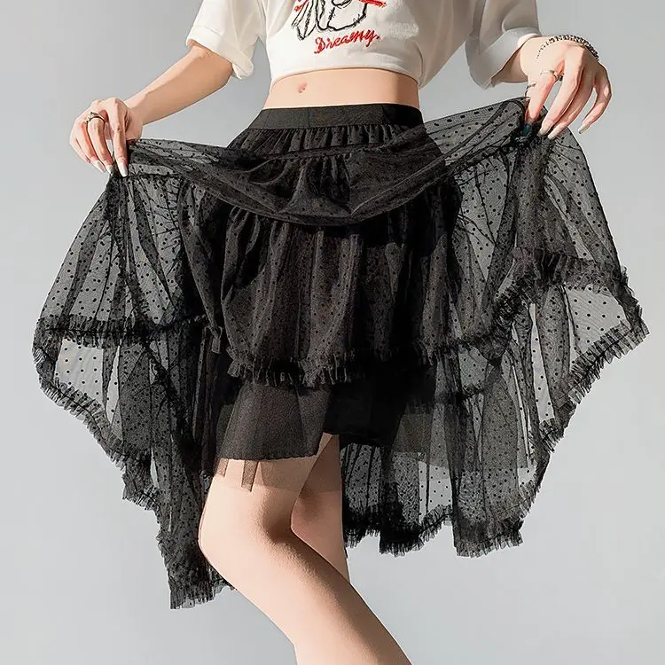 

2026 spring and summer job search season new loose high waist irregular fungus edge thin versatile polka dot mesh skirt