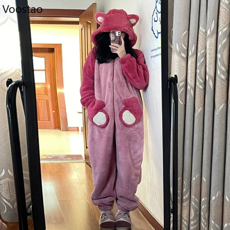 Autumn Winter Women Cute Onesies Pajamas Coral Fleece Warm Cartoon Bear Ears Hooded Pyjamas Girls Sweet Home Clothes Sleepwear