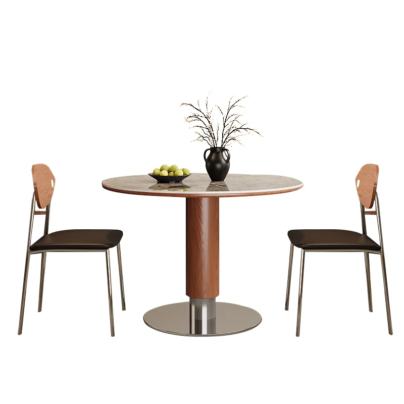 

Solid wood rock slab round table, small apartment stainless steel ash wood table dining table
