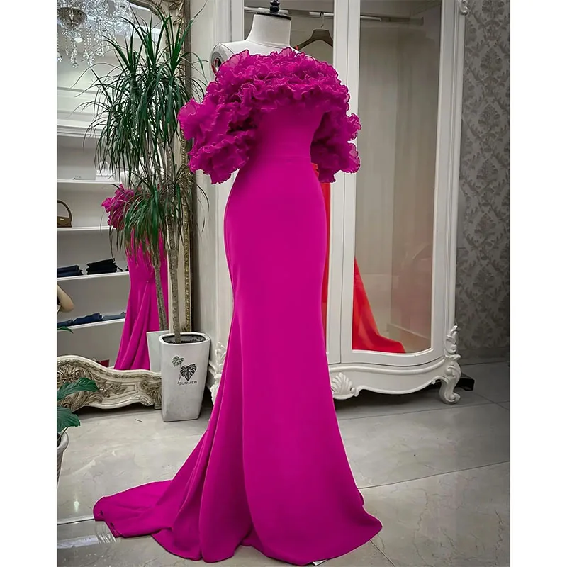 Gaun malam leher Ruffle Fuchsia elegan gaun Prom putri duyung tanpa tali gaun pesta dansa wanita vestidos de novia