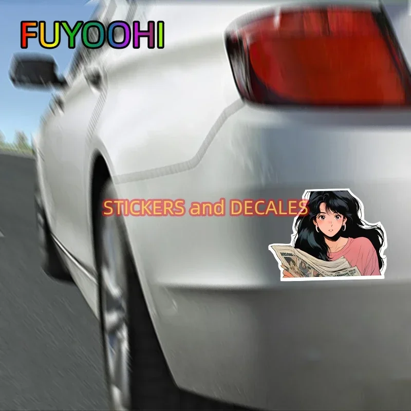 FUYOOHI Play Stickers Hong Kong Style Cartoon Cute Girl Reading Newspaper Anime Car Sticker Reflective Waterproof Decals