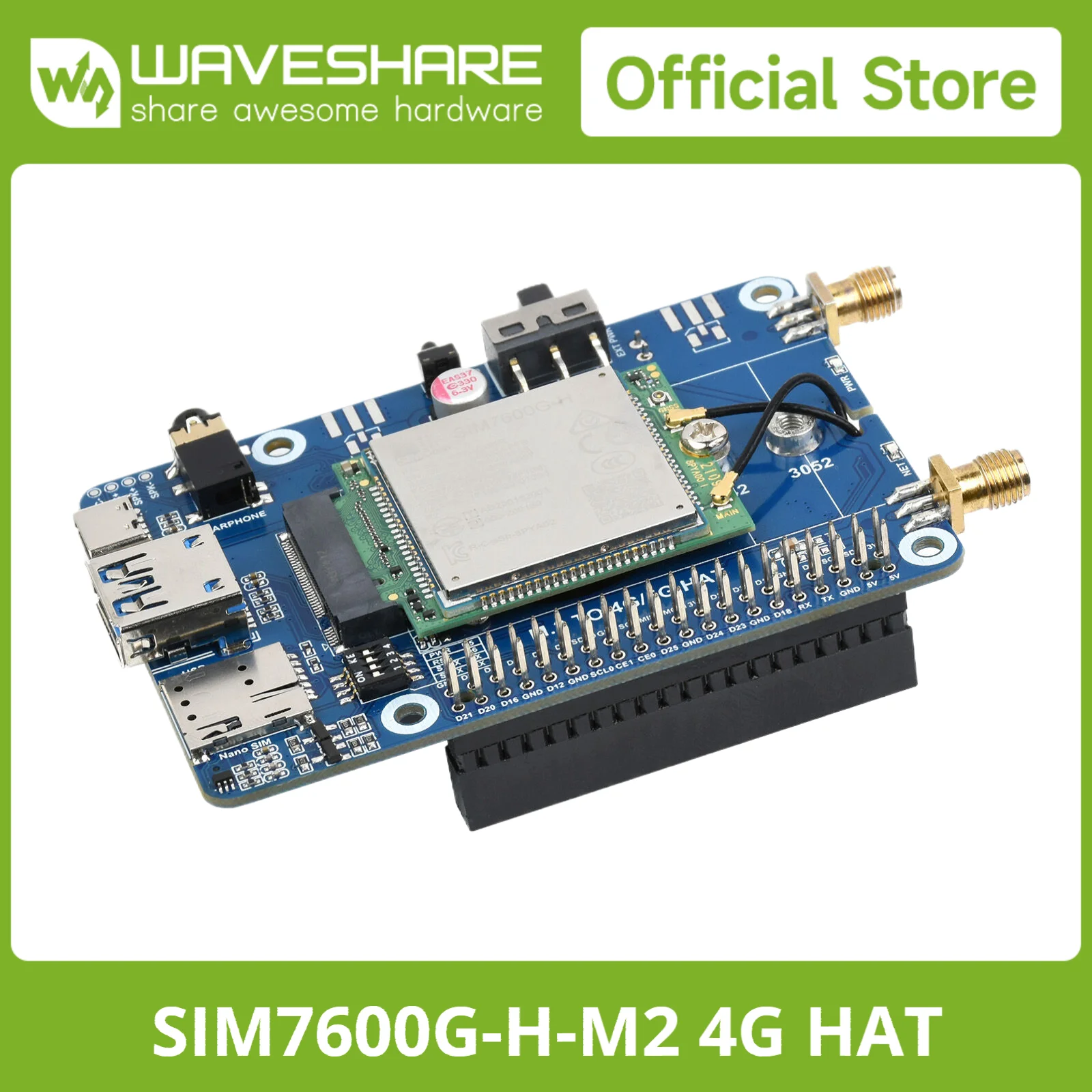 

Waveshare SIM7600G-H M.2 4G HAT for Raspberry Pi LTE, LTE CAT4 High Speed, Raspberry Pi SIM,Cellular,4G/3G/2G, GNSS, Global Band