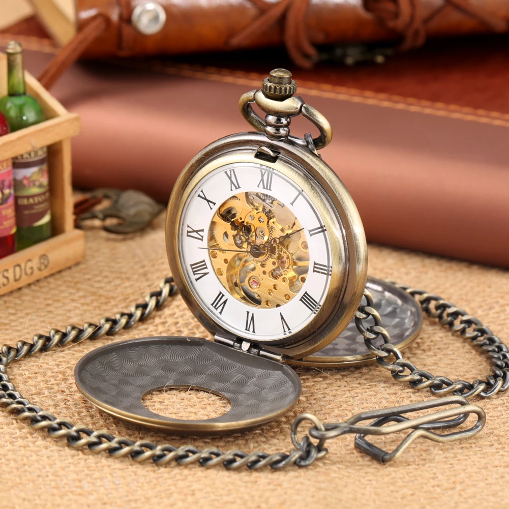 Fob Pocket Watches Mechanical Hand Wind Luxury Bronze Chic Steam Double Hunter Hollow Roman Numbers Fob Clock Gift New Style