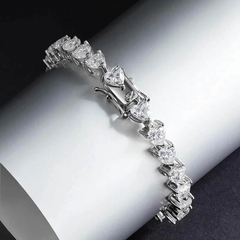 EWYA Full 5*5mm 0.5CT D Color Heart Cut Moissanite Tennis Bracelet for Women 925 Silver GRA Certified Link Bracelets Bangle Gift image 2