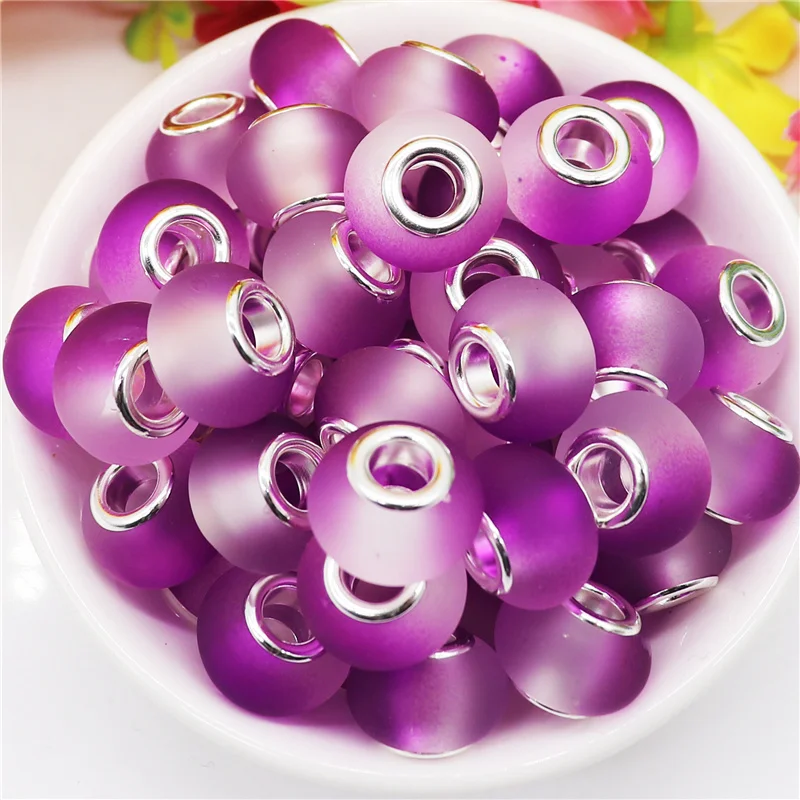 10Pcs 14mm Purple Rubber Murano Beads European Large Hole Beads Charms Fit Pandora Bracelet Bangle DIY Necklace Women Hair Beads