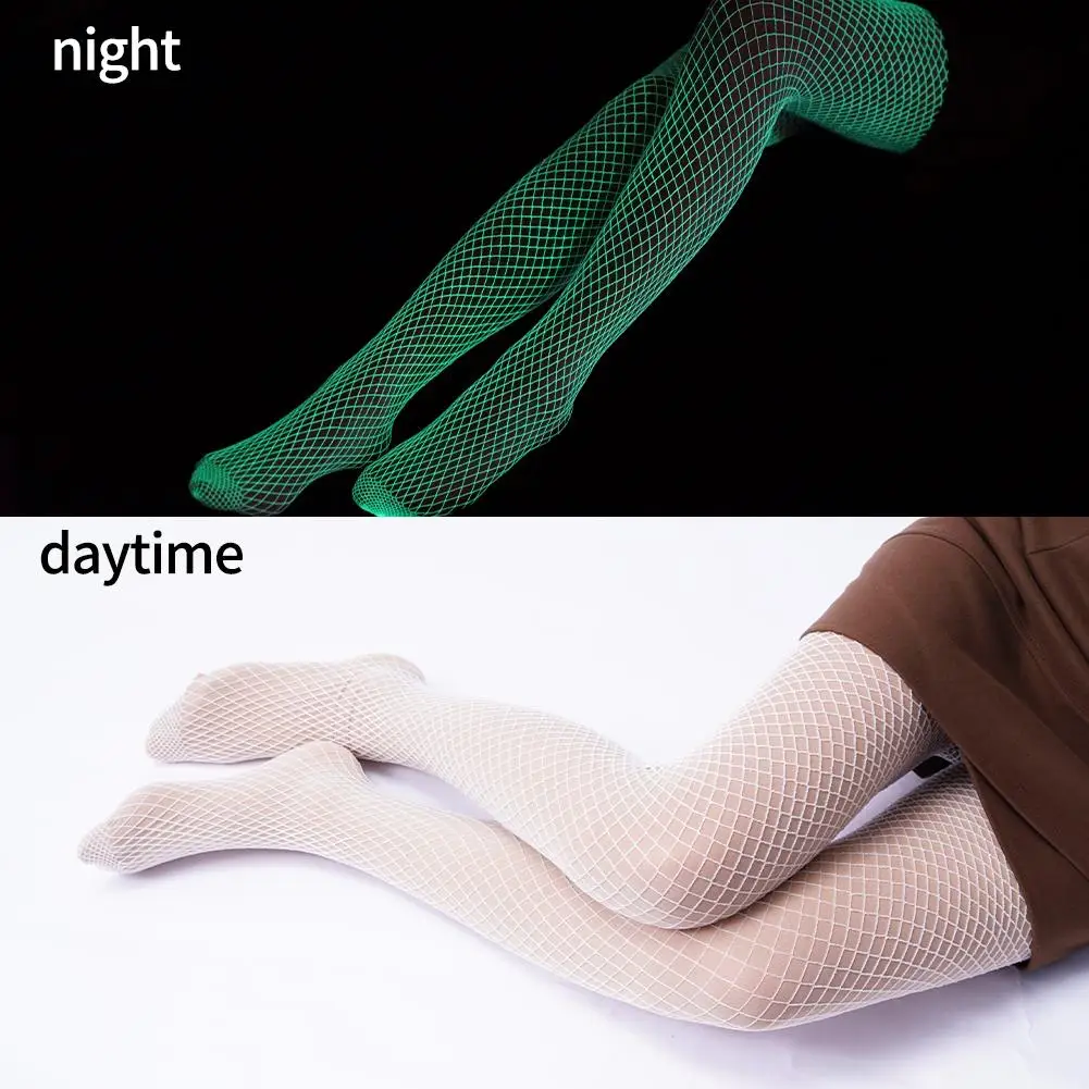 Magical Luminous Stockings Super Elastic Plus Size White Mesh Tights Pole Dance Fancy Crotchless Pantyhose Glowing Fishnet Socks