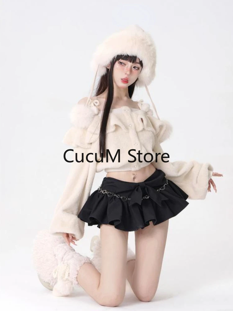 2023 New Japanese Fashion Women Suit Warm Kawaii Y2k Crop Tops Casual Black Slim Mini Skirt Outwear Harajuku Elegant 2 Piece Set