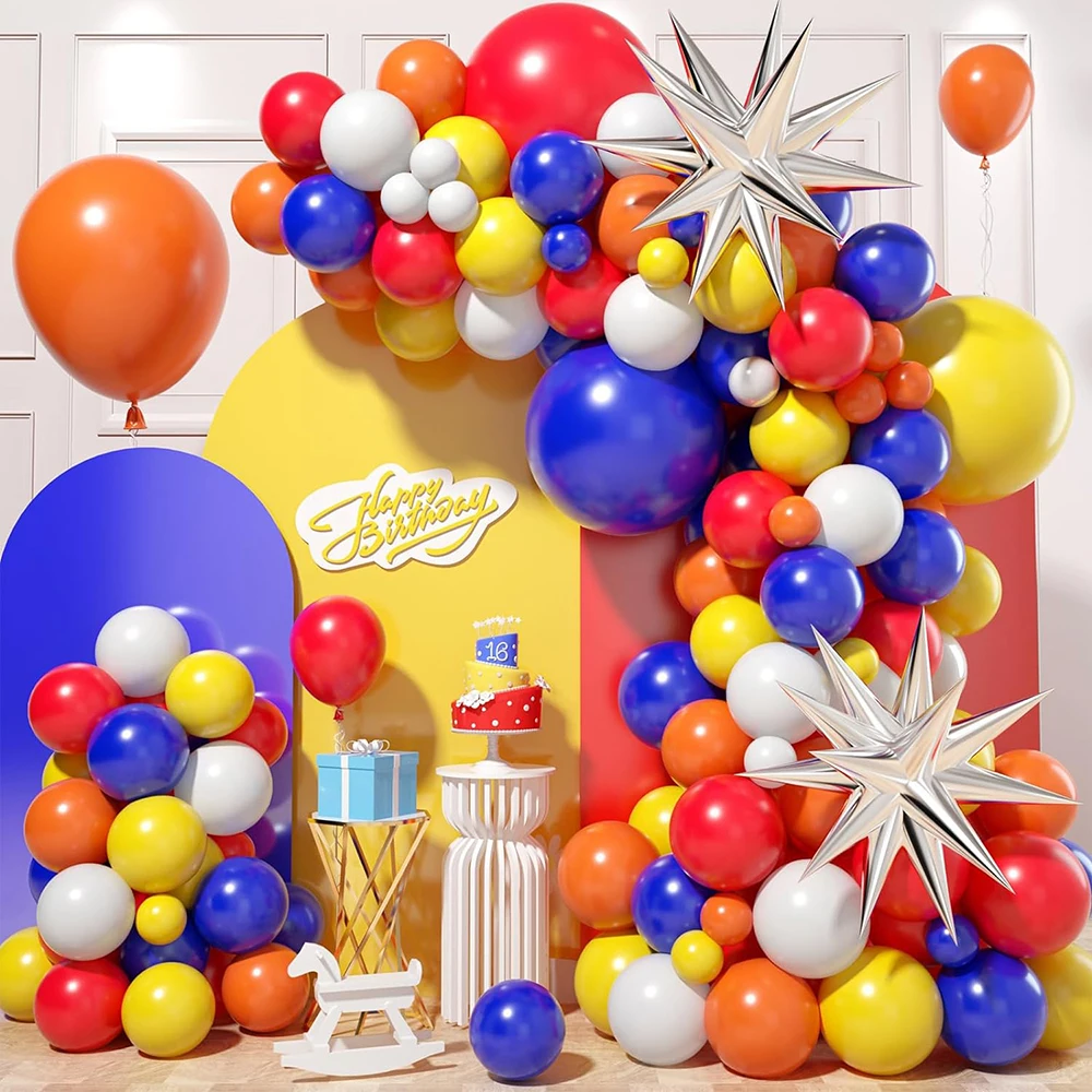 Blue Red Yellow Fiesta Balloons Garland Birthday Party Decor Orange White Balloon Kit Circus Troup Theme Baby Shower Decoration