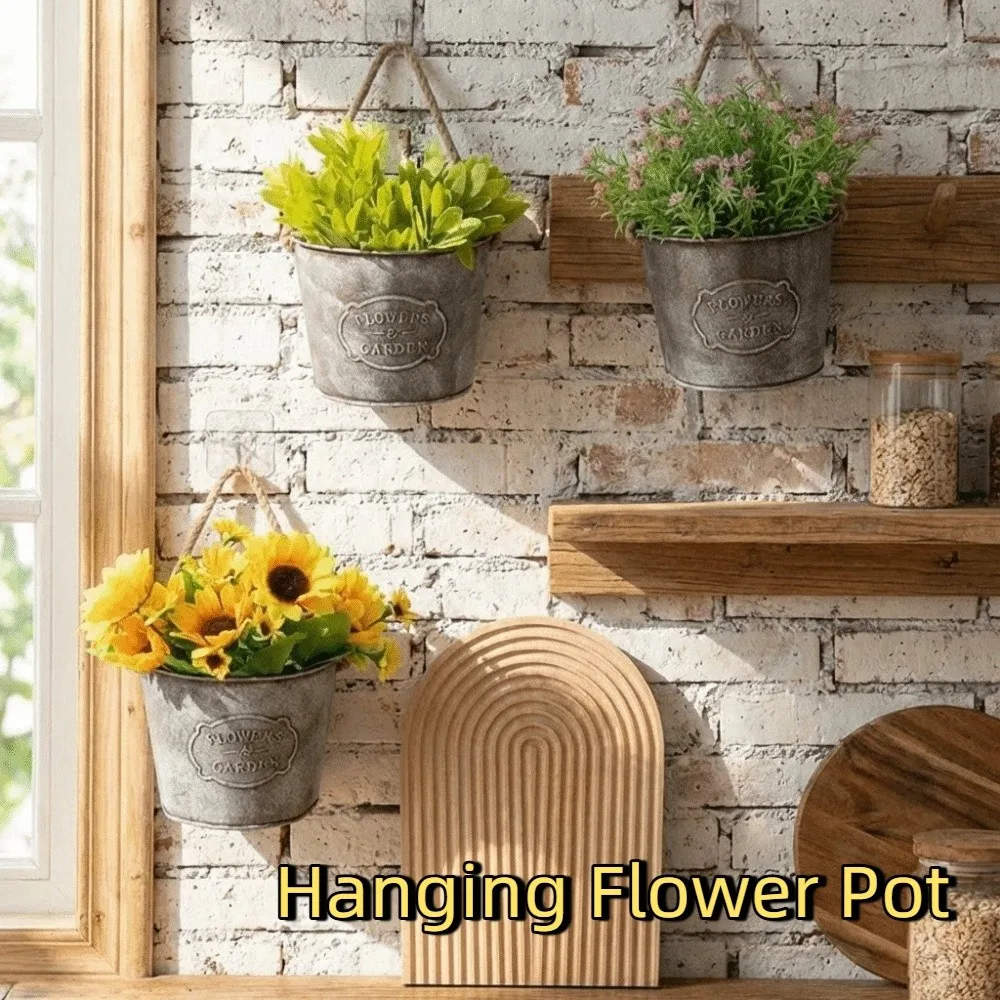Metal Planter Vintage Hanging Flower Pot Country Style Semicircle Wall Mounted Planter Iron Hanging Basket Succulent Plant