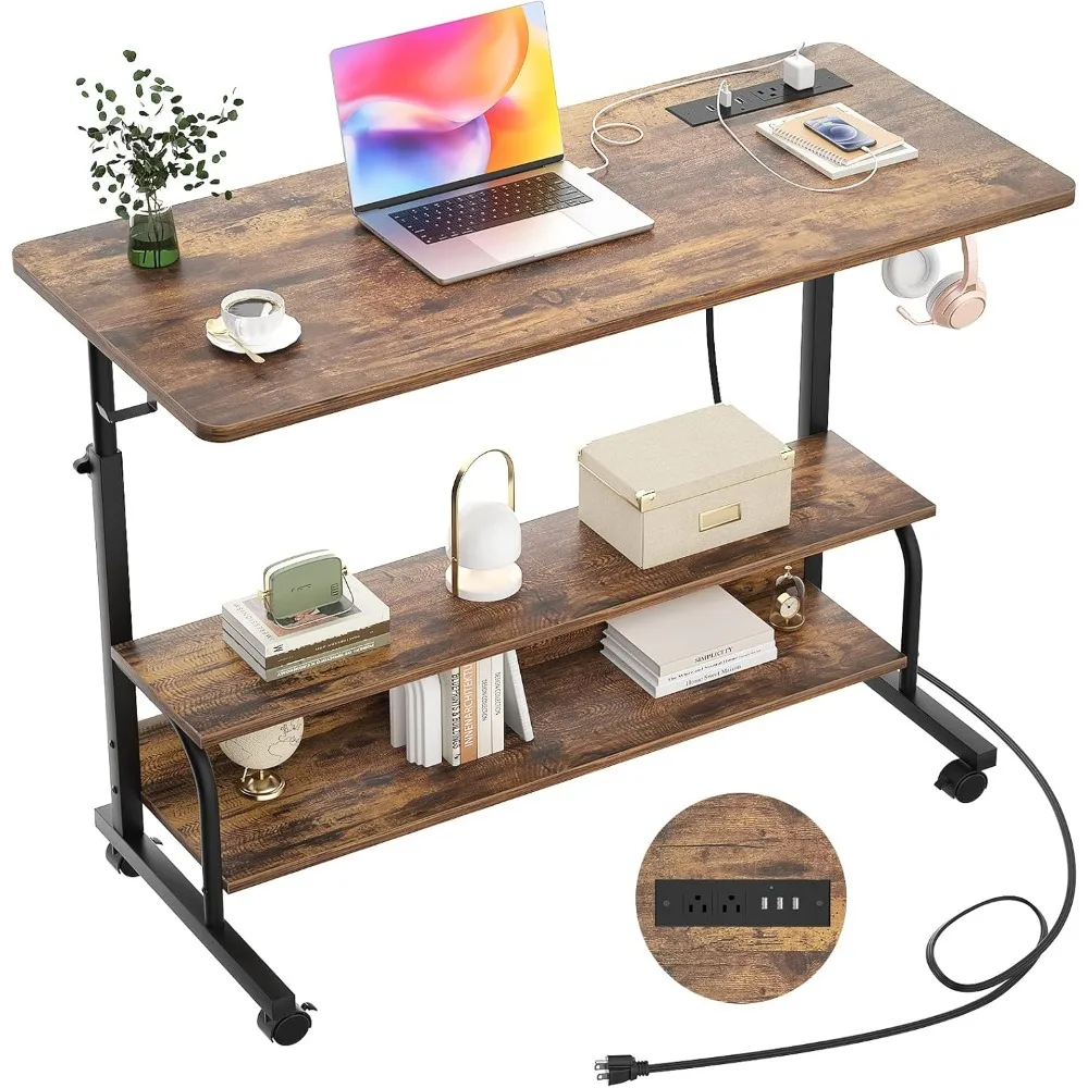 

Adjustable Standing Desk with Power Outlets, 39" Manual Stand Up Desk with Storage Shelves Small Mobile Rolling Computer Desk