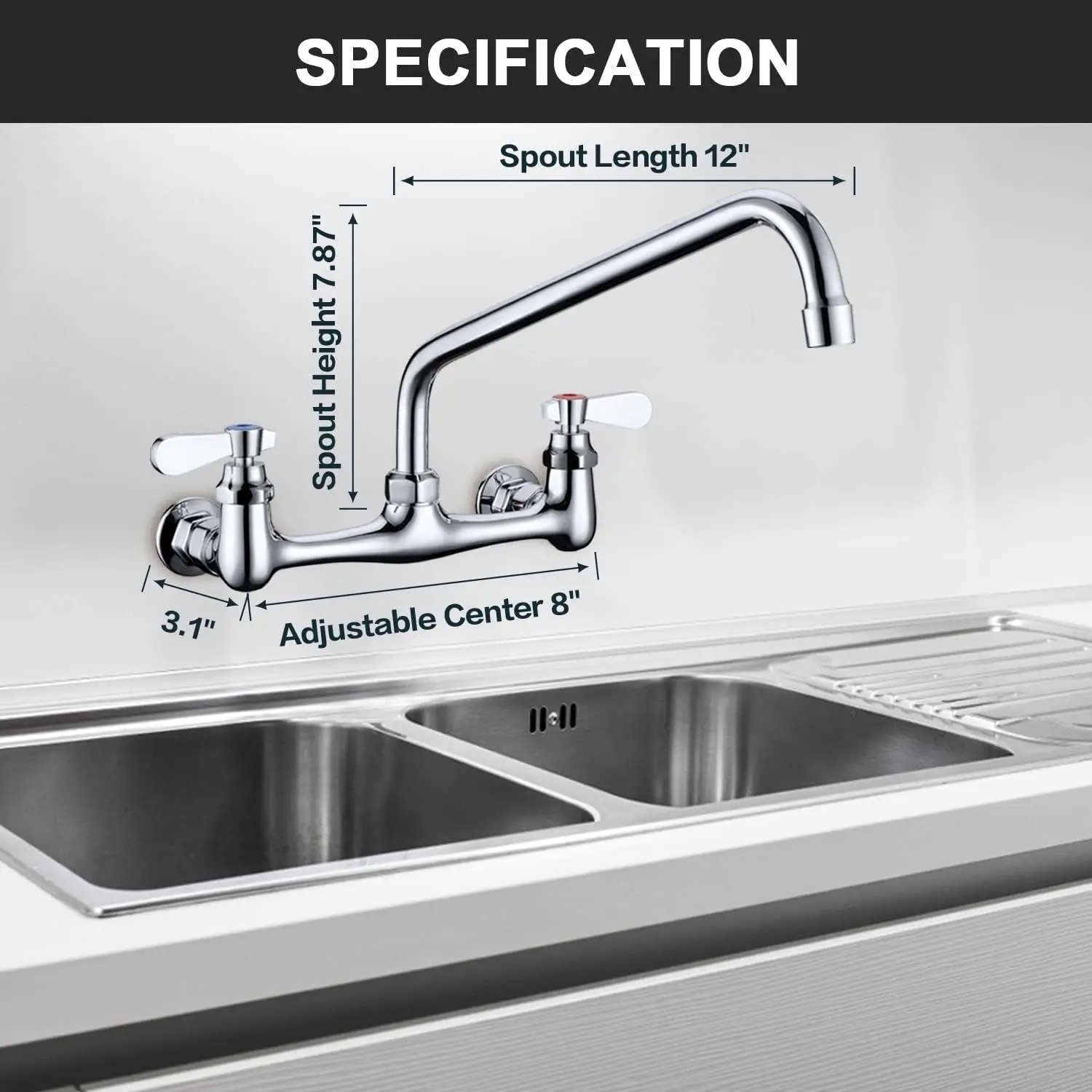 8인치 센터 벽걸이 수도꼭지, 12인치 회전식 스파우트, 주방, 세탁실, 레스토랑용 2핸들