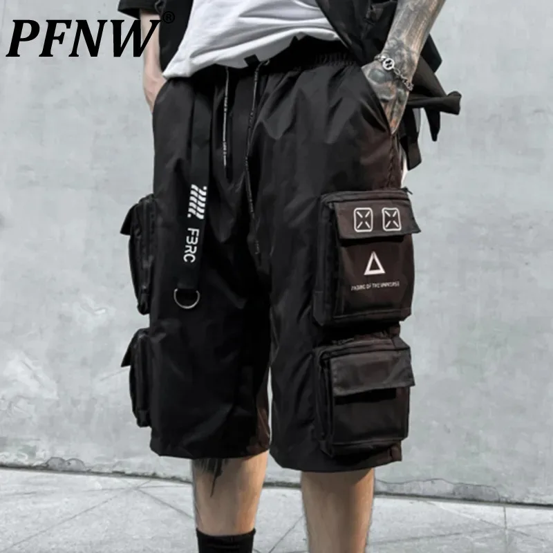 PFNW Summer Men\'s Functional Letter Drawstring Cargo Shorts Trendy Sports Paratrooper Techwear Chic Knee Length Trousers 12A9865