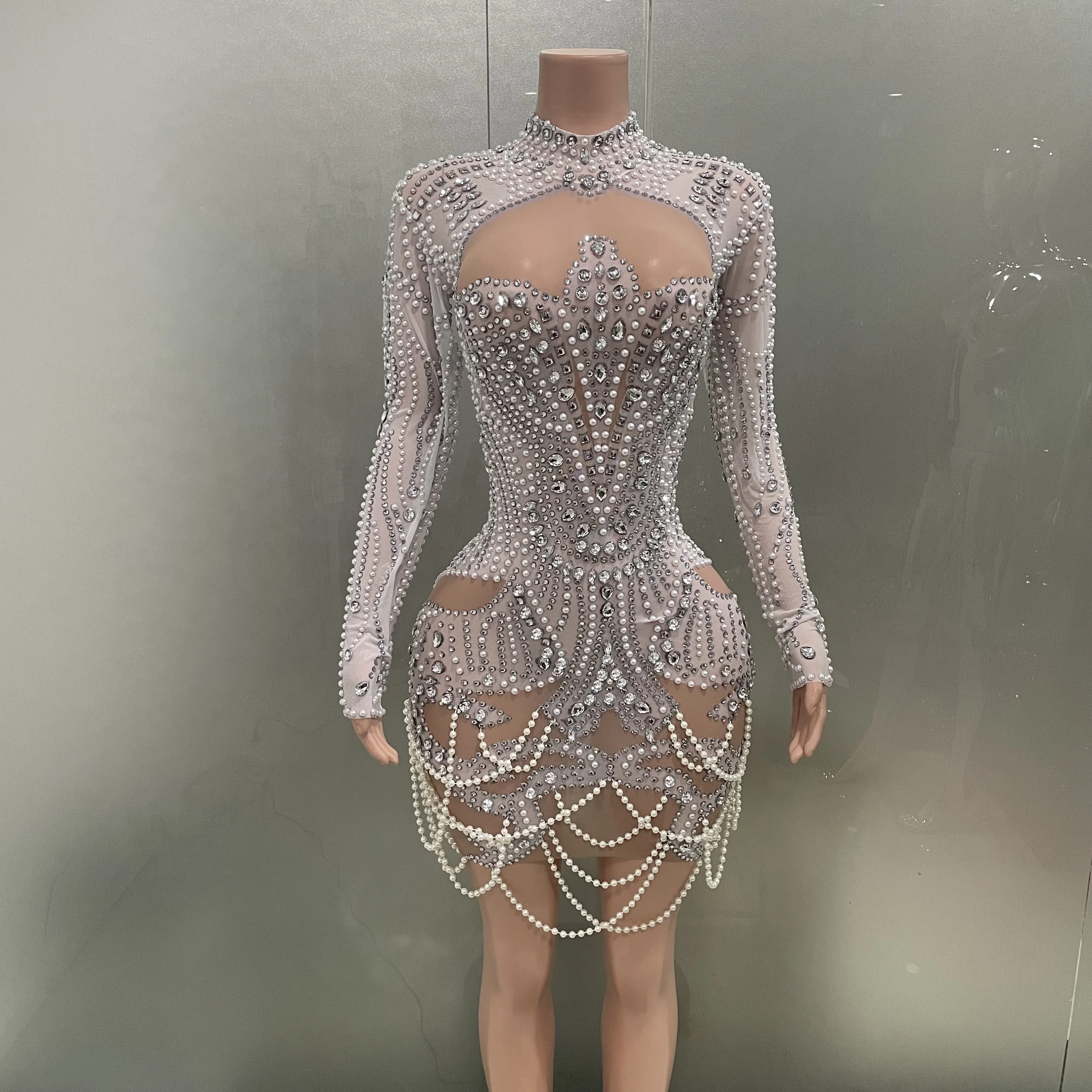 STOCK White Color Women Long Sleeve Sexy Mesh Beading Bodycon Mini Dress High Stretch Celebrate Birthday Party Dress