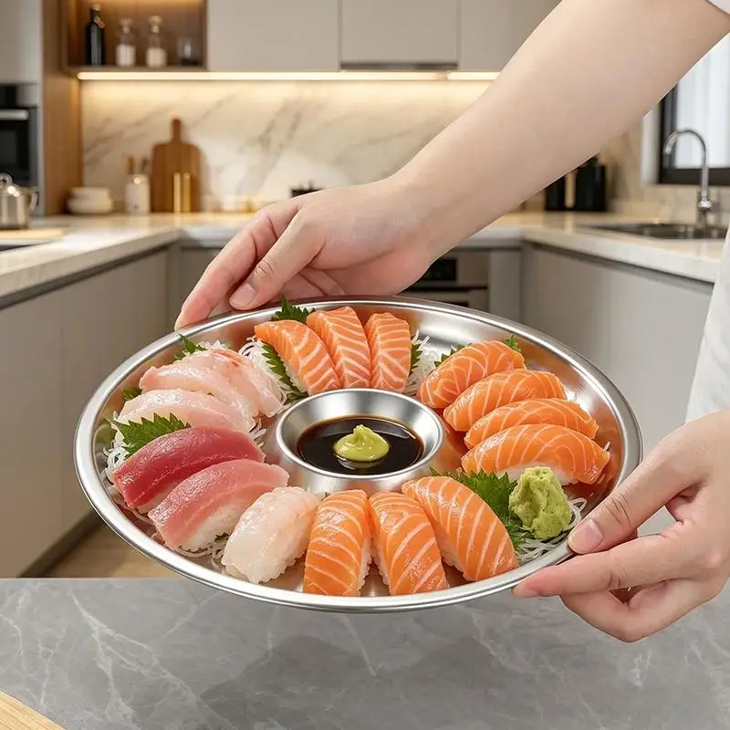 Stainless Steel Sashimi Ice Plate Round with Dipping Dish Odorless Seafood Sushi Serving Tray for Home Weekend Dinner Parties view 6