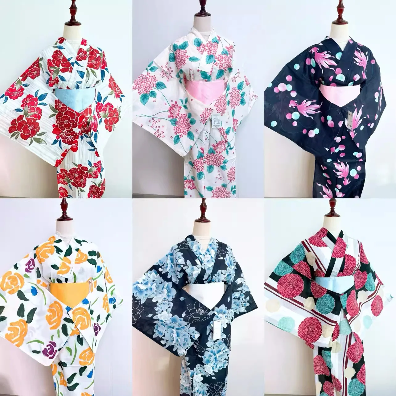 

New Japan Style Women's Traditional Kimono Cotton Linen Floral Prints Yukata with Obi Cosplay Costume Performance Dress