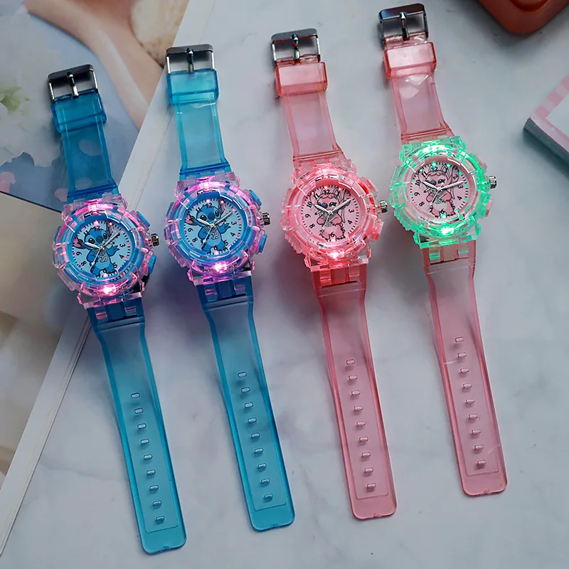 Disney Stitch Angel LED Glowing Flash Children's Watch Fashion Quartz Wristwatch Kids Toys Christmas Gift
