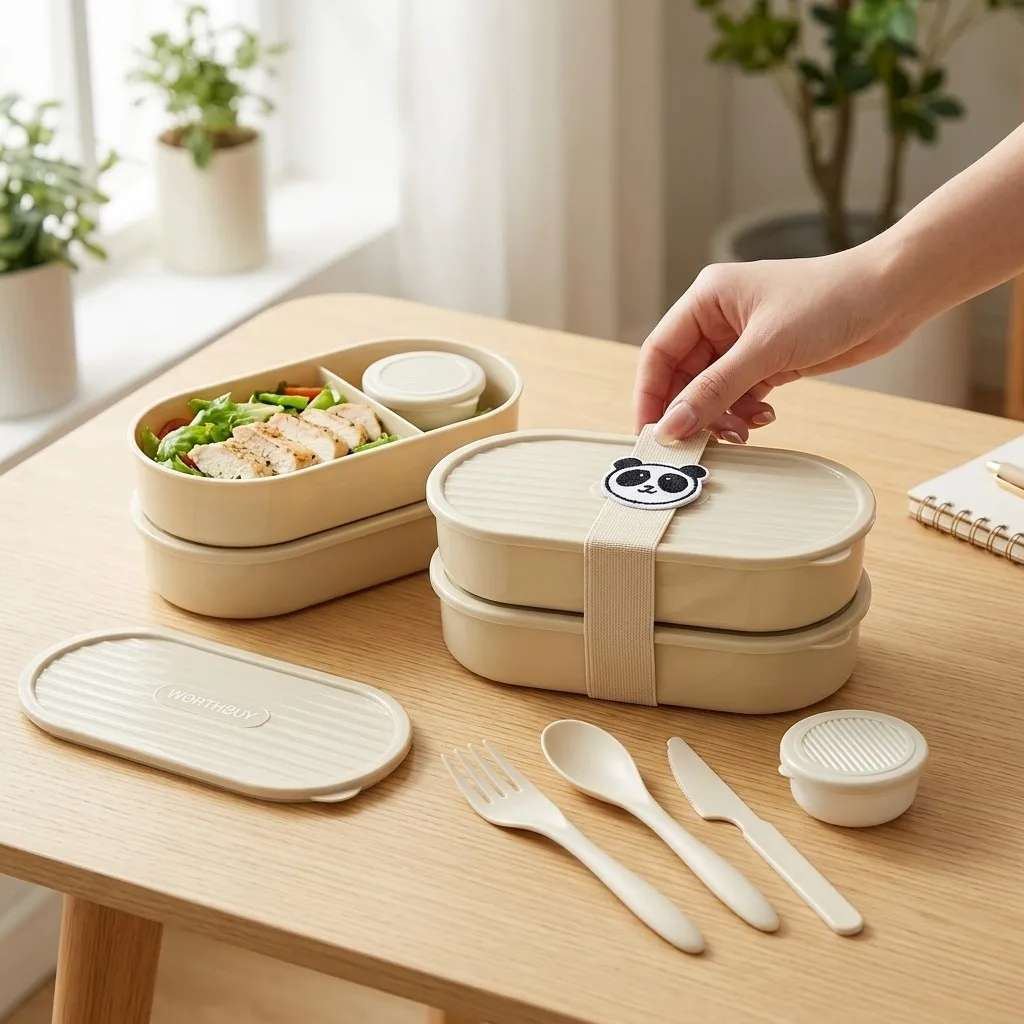 Microwaveable Plastic Bento Box Single/Double Grid Food Container Portable Kids Studetns Fruit Salad Bento Box With Cute Strap